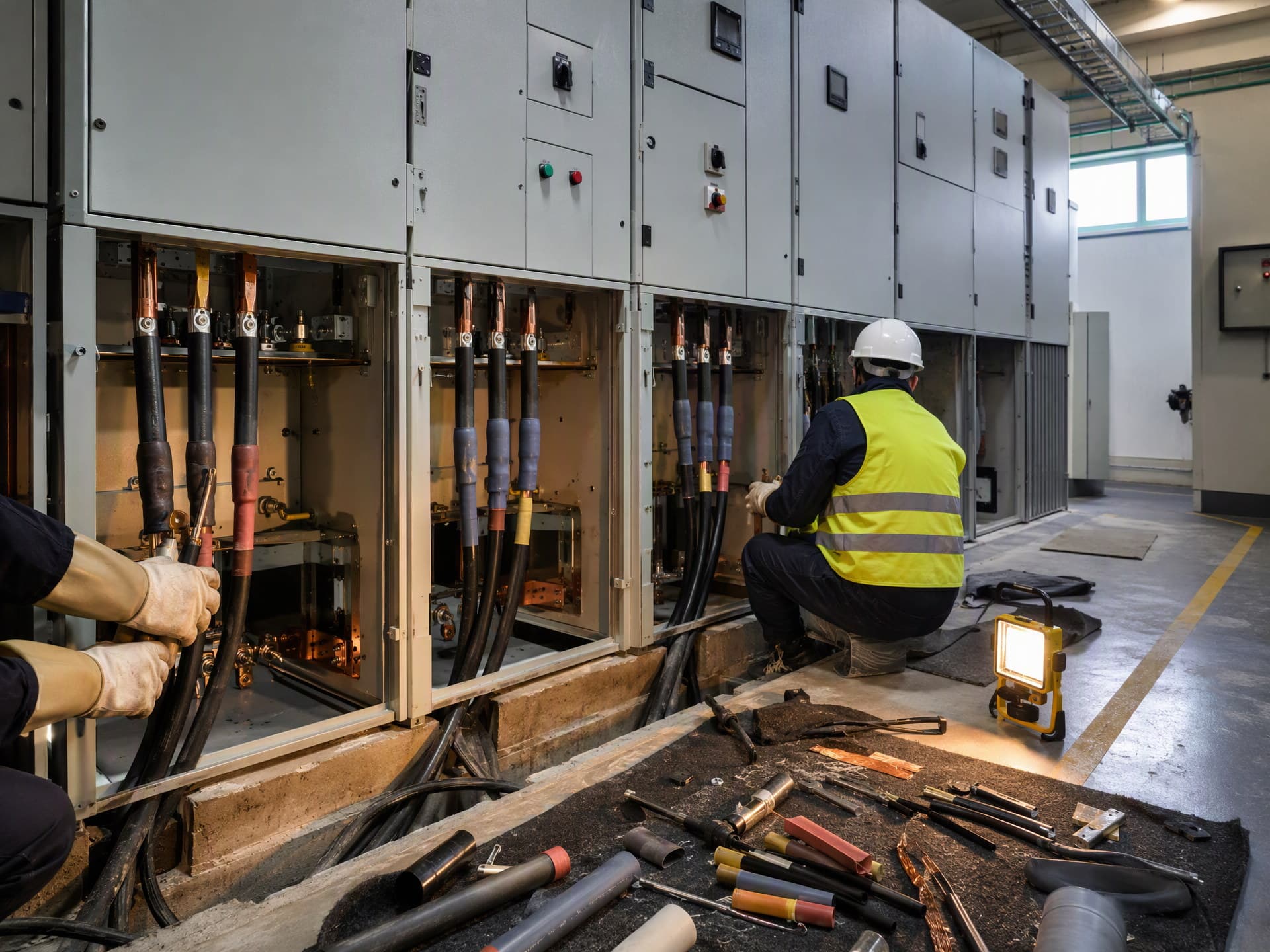 Medium-voltage cable termination work in the switch room