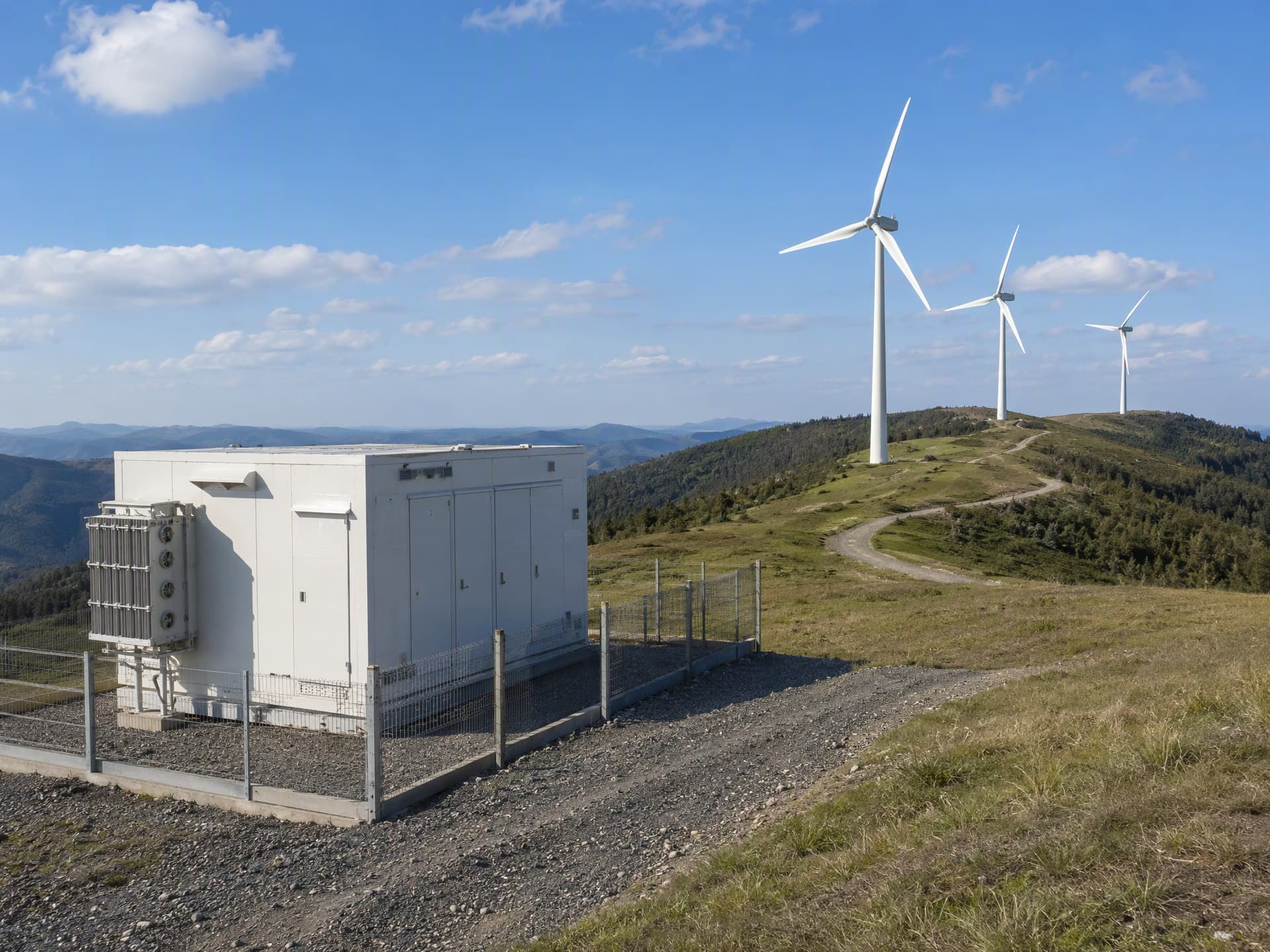 Booster box substation in service at a hilltop wind farm