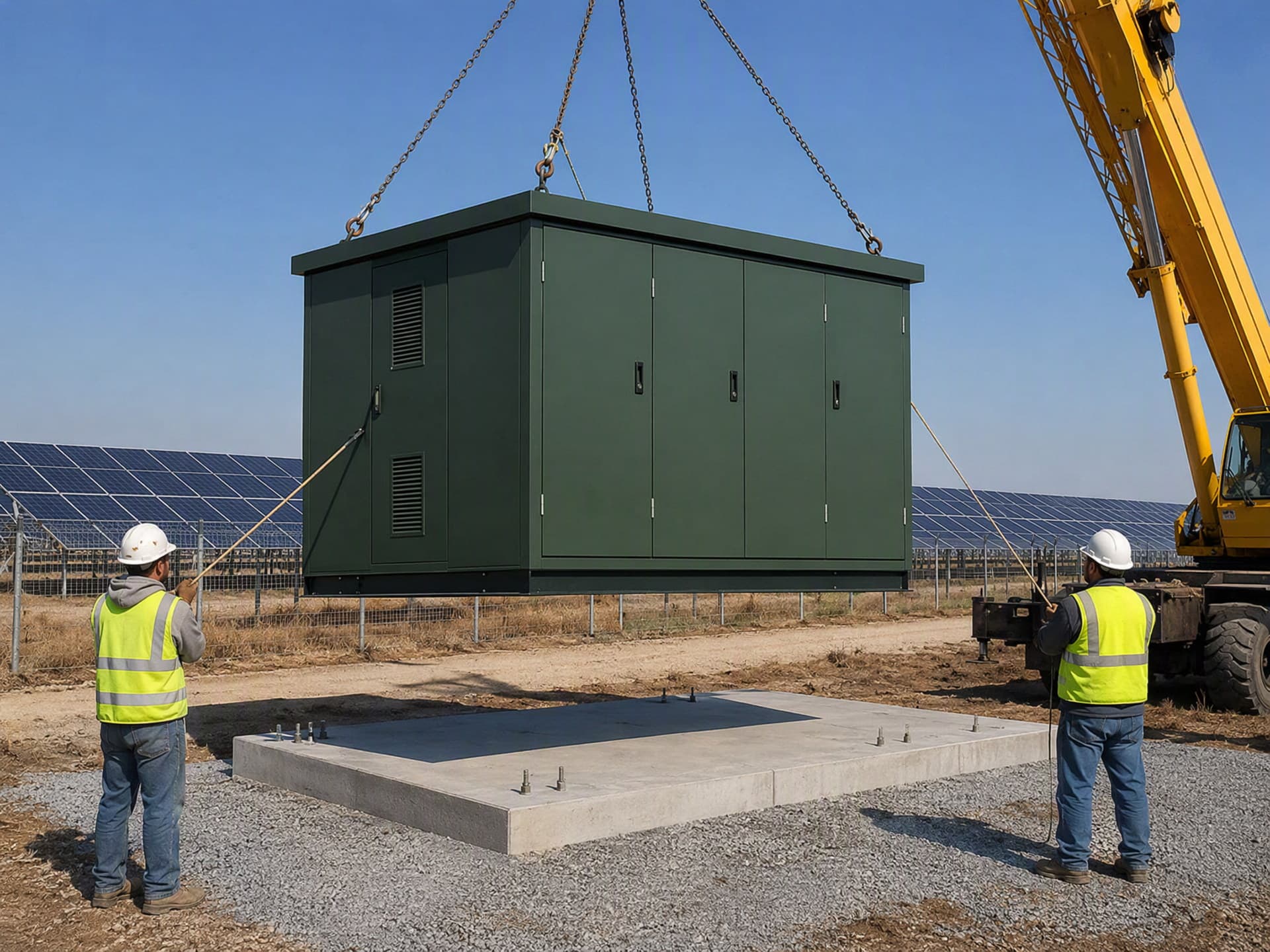 Box substation lowered onto its concrete foundation