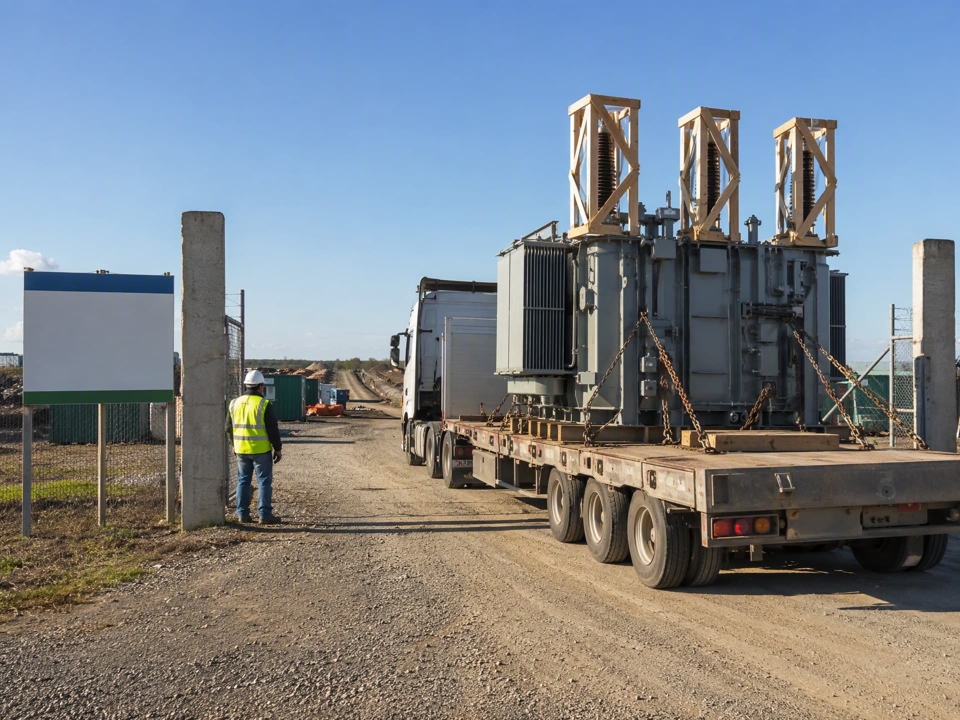 Equipment arriving at the entrance of the project site