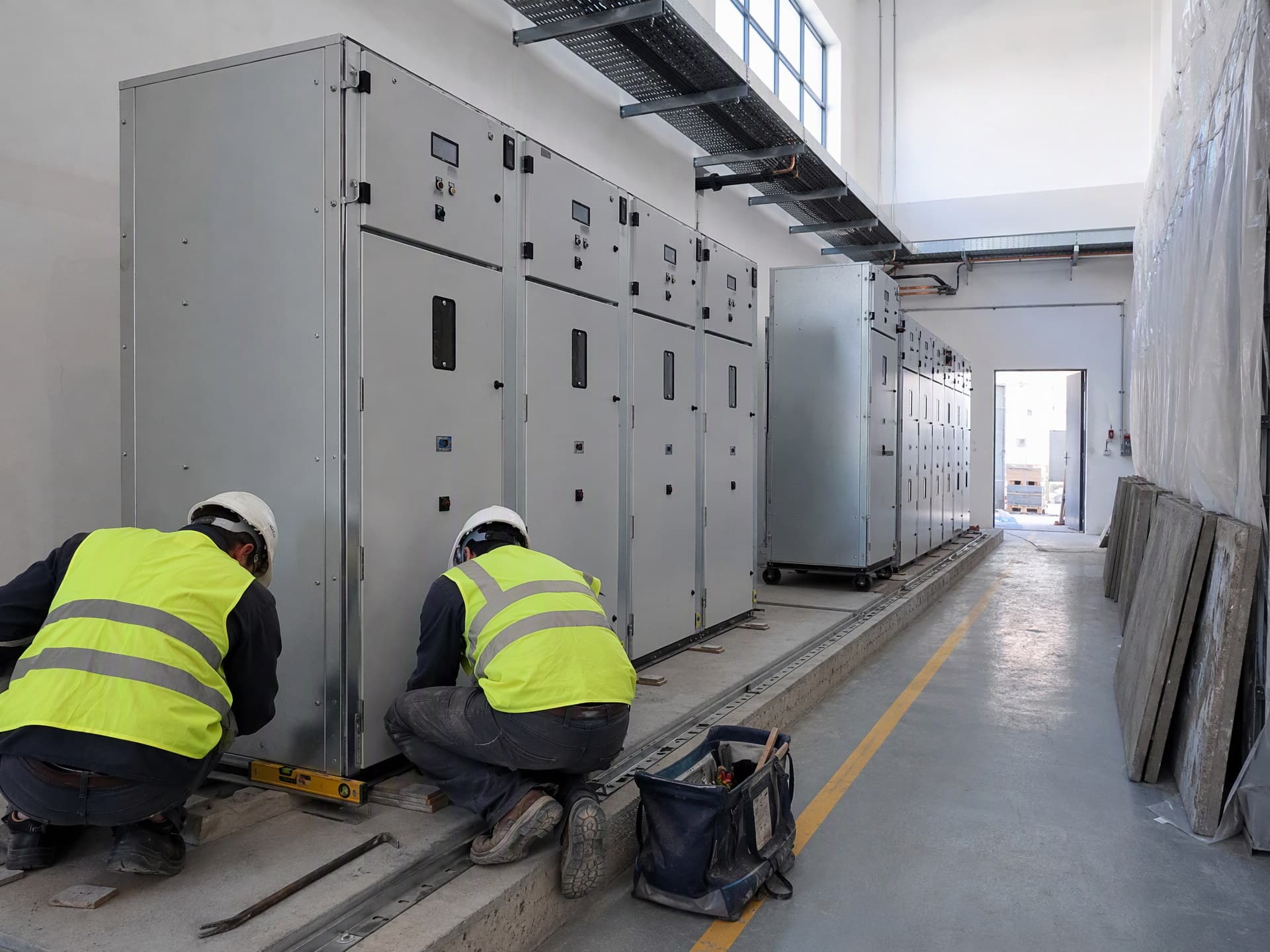 Switchgear panels aligned and fixed on the plinth