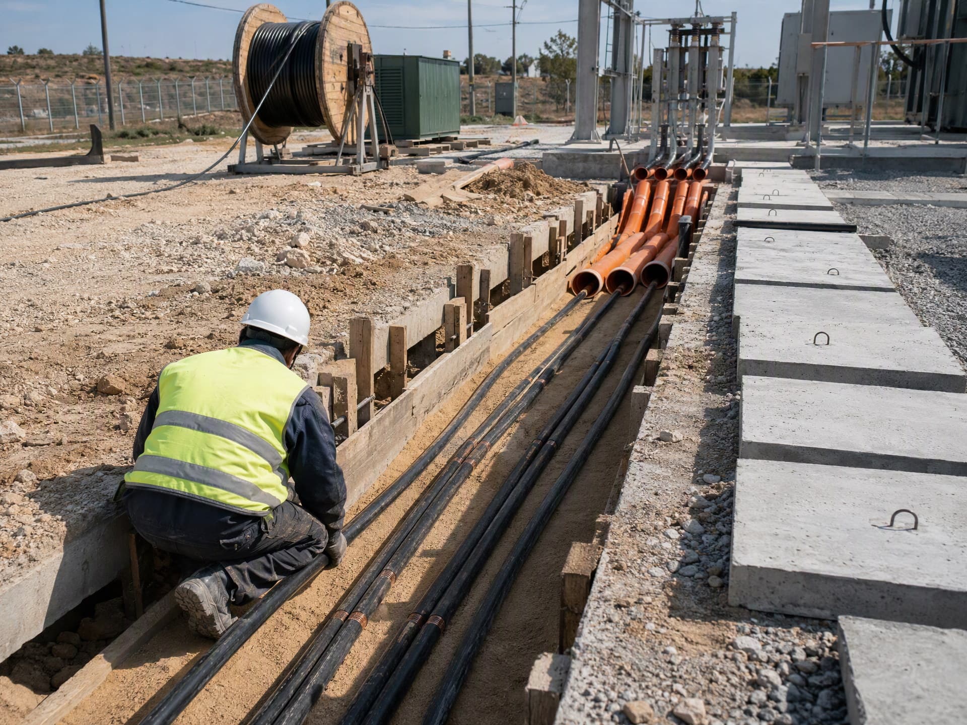 Cable trench with ducts and armoured cables laid