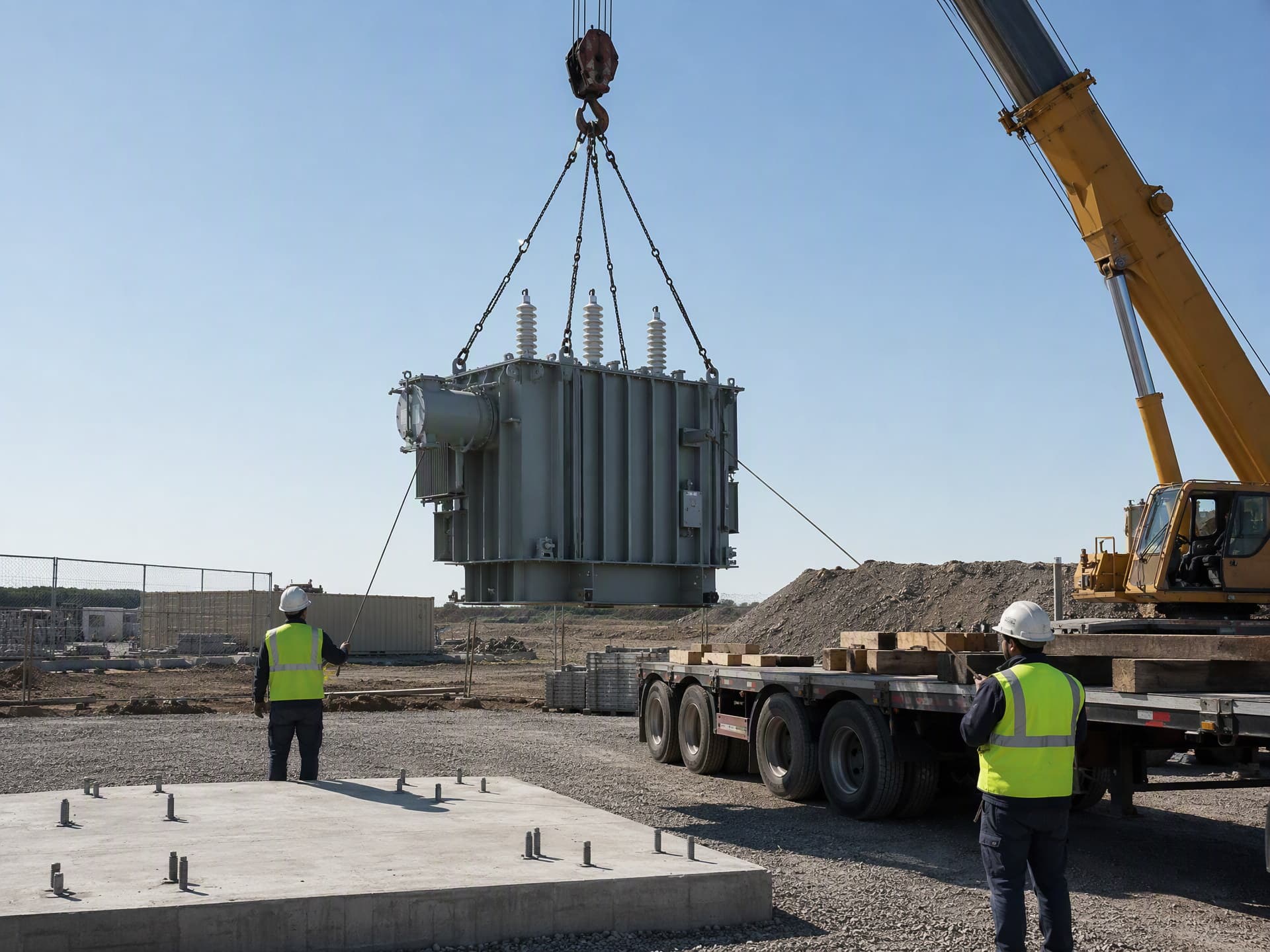 Transformer rigged off the trailer and set down on site