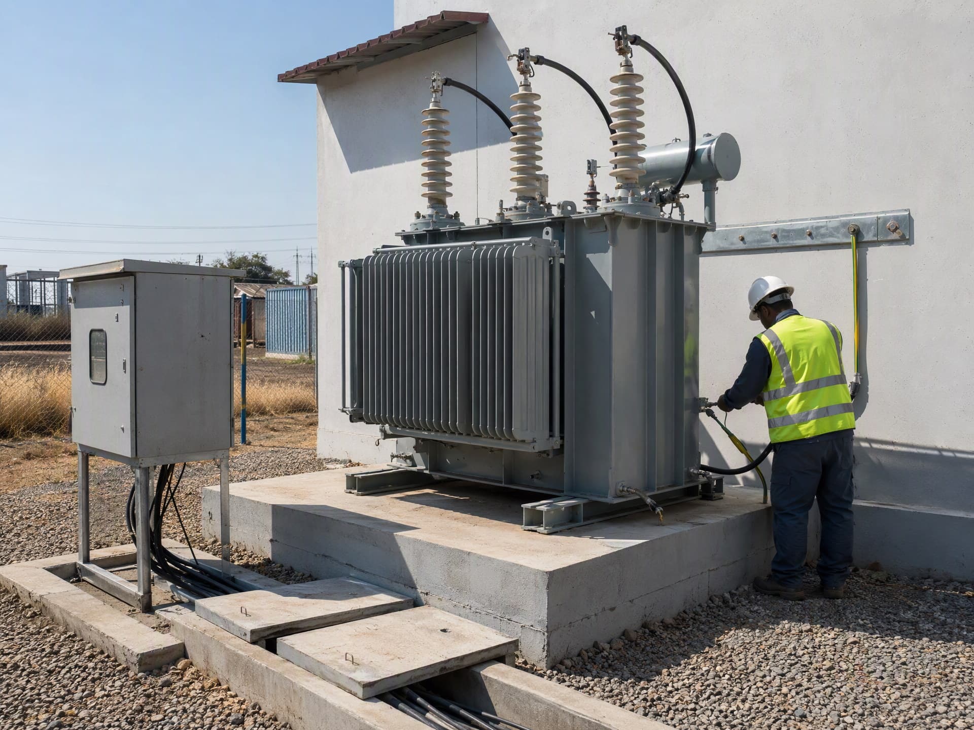 Bushings connected and earthing made off on the installed transformer