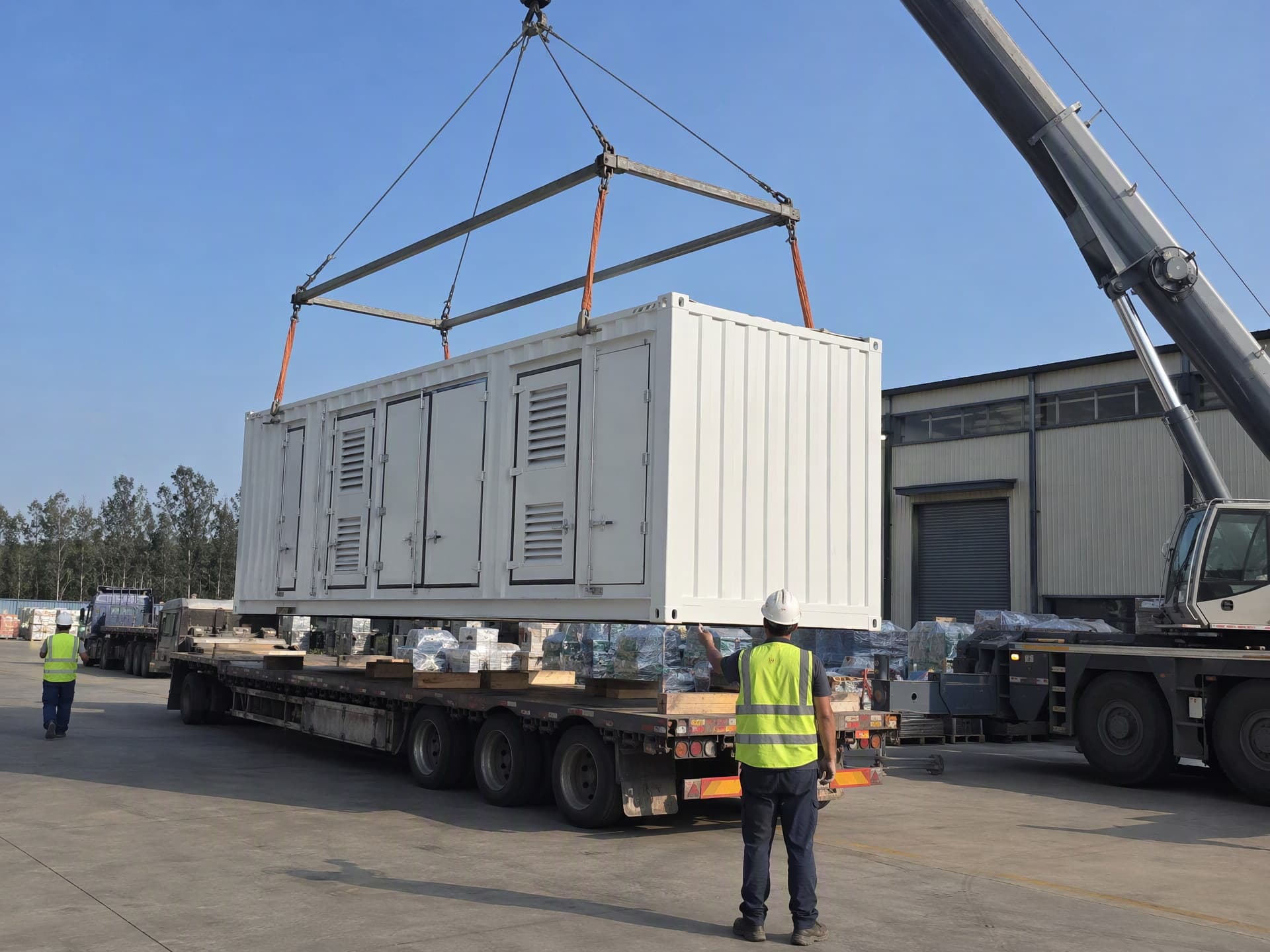 Container substation lifted onto a flatbed trailer in the factory yard